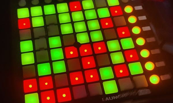 A button panel lit up in red and green